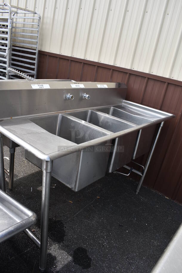 Stainless Steel Commercial 3 Bay Sink w/ Left Side Drainboard. 64x27x43. Bays 12x20x12. Drainboard 10x22x1 - Image 5 of 5