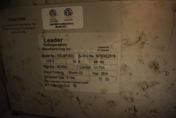 NICE! 2014 Leader Model ESLM72S/C Stainless Steel Commercial Cooler w/ 2 Lids and 3 Doors. 115 Volts, 1 Phase. 72x32x40. Tested and Working! - Image 6 of 11