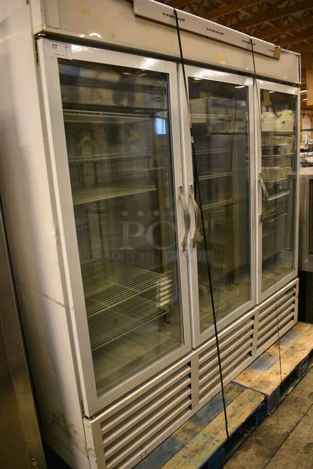 GREAT! Beverage Air Model CRG74-1 Metal Commercial 3 Door Reach In Cooler Merchandiser w/ Poly Coated Racks. 115 Volts, 1 Phase. 77x32x79. Tested and Powers On But Does Not Get Cold - Image 1 of 6