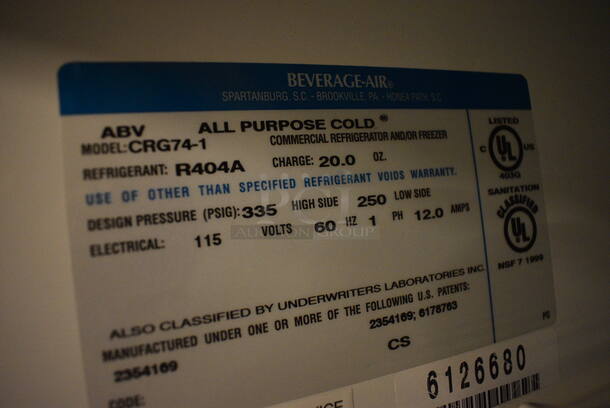 GREAT! Beverage Air Model CRG74-1 Metal Commercial 3 Door Reach In Cooler Merchandiser w/ Poly Coated Racks. 115 Volts, 1 Phase. 77x32x79. Tested and Powers On But Does Not Get Cold - Image 3 of 6