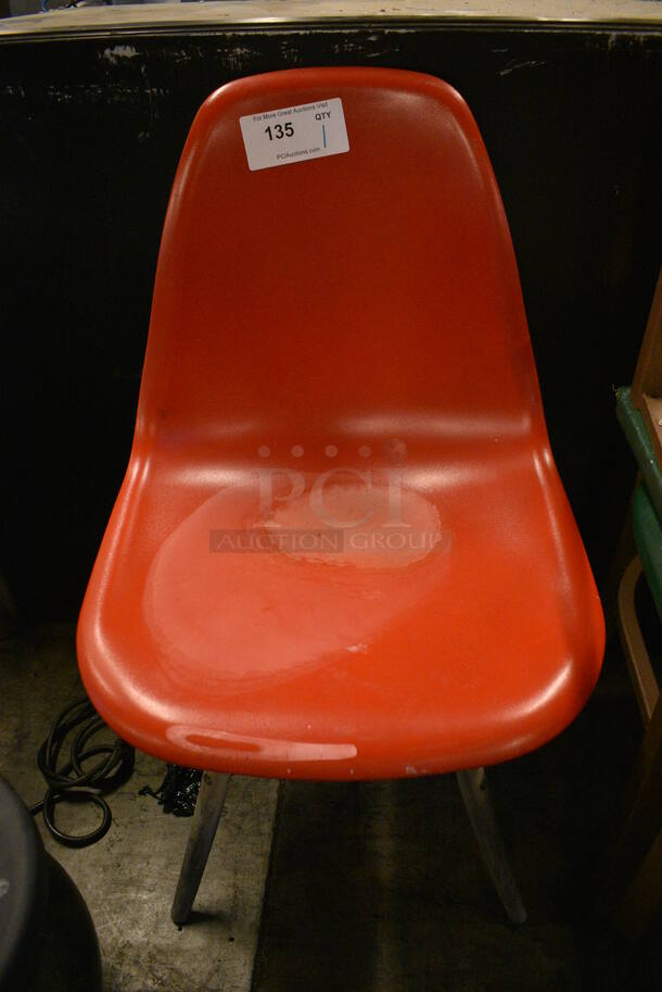 Red Poly Chair on Wood Pattern Legs. 18x18x32 - Image 1 of 2