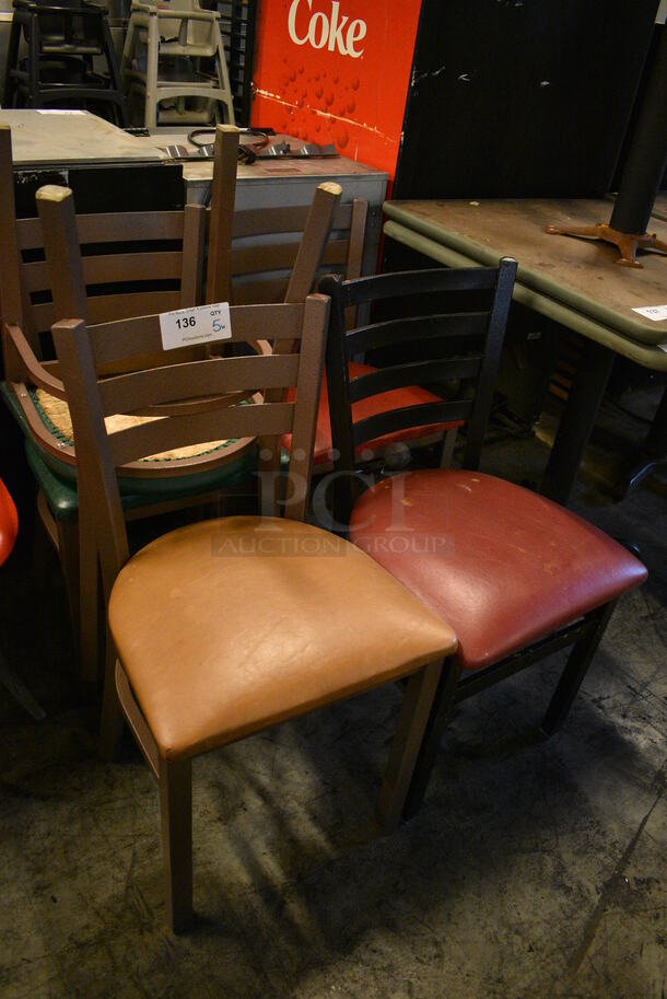 5 Various Metal Dining Chairs; 1 Black Metal w/ Red Cushion Seat, 4 Brown Metal w/ Red, Tan and 2 Green Cushion Seats. 17x16x32. 5 Times Your Bid! - Image 2 of 5