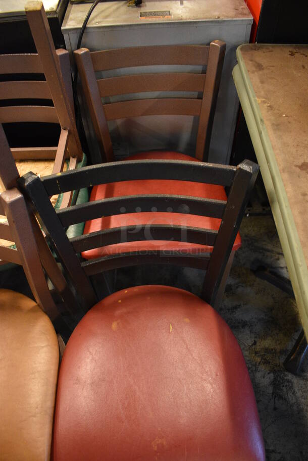 5 Various Metal Dining Chairs; 1 Black Metal w/ Red Cushion Seat, 4 Brown Metal w/ Red, Tan and 2 Green Cushion Seats. 17x16x32. 5 Times Your Bid! - Image 3 of 5