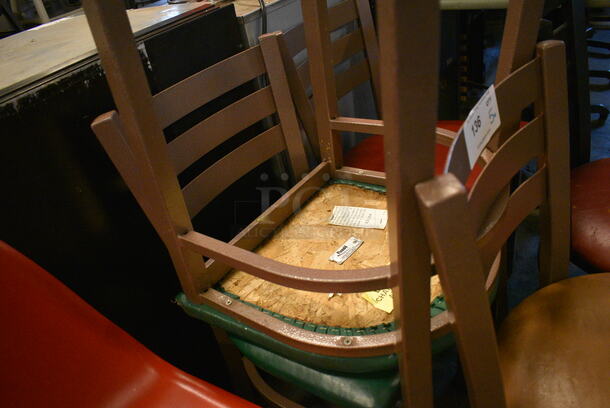 5 Various Metal Dining Chairs; 1 Black Metal w/ Red Cushion Seat, 4 Brown Metal w/ Red, Tan and 2 Green Cushion Seats. 17x16x32. 5 Times Your Bid! - Image 5 of 5