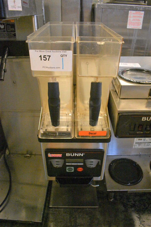 NICE! 2012 Bunn Model MHG Metal Commercial Countertop 2 Hopper Coffee Bean Grinder. No Lids. 120 Volts, 1 Phase. 9x16x30. Tested and Working!
