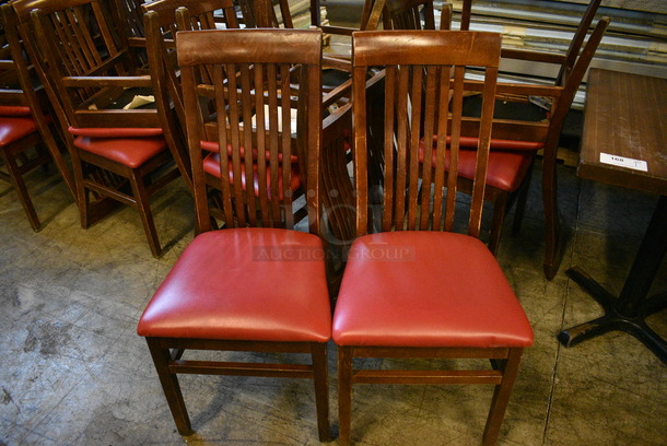 4 Wood Pattern Dining Chairs w/ Red Seat Cushion. Stock Picture - Cosmetic Condition May Vary. 18x17x38. 4 Times Your Bid!
