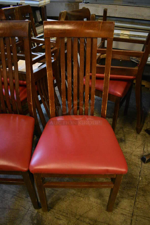 4 Wood Pattern Dining Chairs w/ Red Seat Cushion. Stock Picture - Cosmetic Condition May Vary. 18x17x38. 4 Times Your Bid! - Image 3 of 4