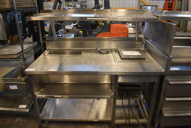 Stainless Steel Commercial Counter w/ Freezer Bin, Undershelf and Overshelf. 60x38x59. Tested and Powers On But Does Not Get Cold