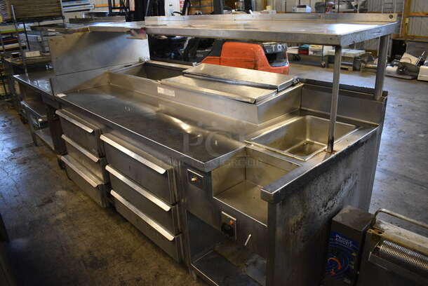 Stainless Steel Commercial Pizza Prep Table w/ 6 Drawers, Steam Well and Overshelf. 90x38x59. Does Not Come w/ Remote Compressor - Image 8 of 8