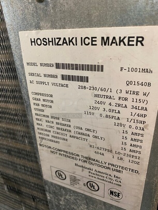 SWEET! Hoshizaki Model F-1001MAH Stainless Steel Commercial Ice Machine Head on Commercial Ice Bin. 208-230 Volts, 1 Phase. 44x32x66 - Image 7 of 7