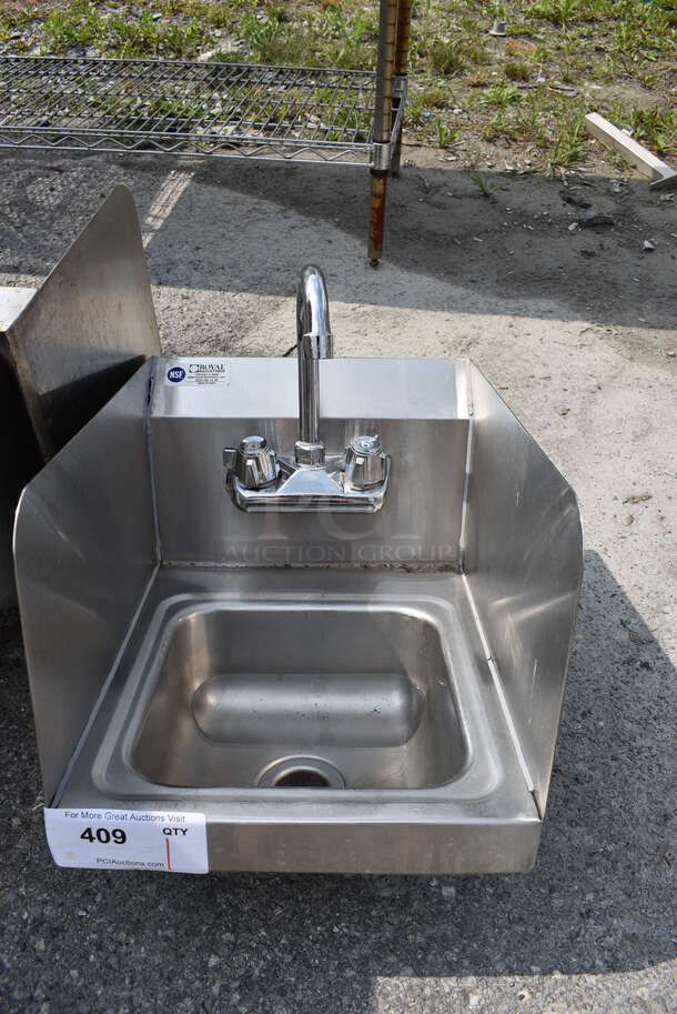 Stainless Steel Commercial Single Bay Wall Mount Sink w/ Faucet, Handles and Side Splash Guards. 12x16x19 - Image 1 of 4