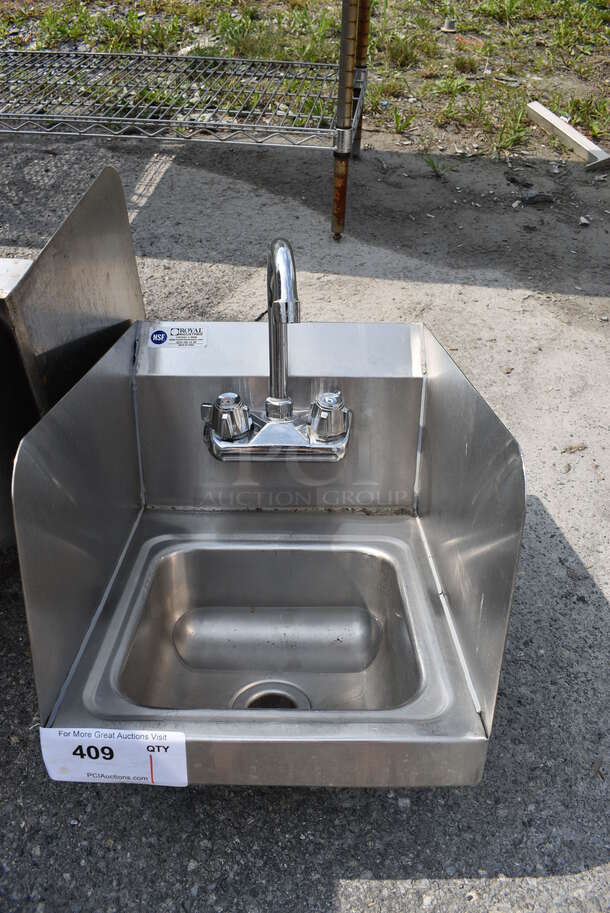 Stainless Steel Commercial Single Bay Wall Mount Sink w/ Faucet, Handles and Side Splash Guards. 12x16x19