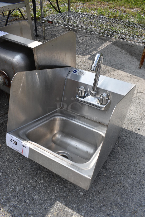 Stainless Steel Commercial Single Bay Wall Mount Sink w/ Faucet, Handles and Side Splash Guards. 12x16x19 - Image 2 of 4