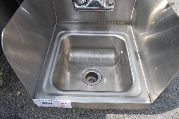 Stainless Steel Commercial Single Bay Wall Mount Sink w/ Faucet, Handles and Side Splash Guards. 12x16x19 - Image 4 of 4