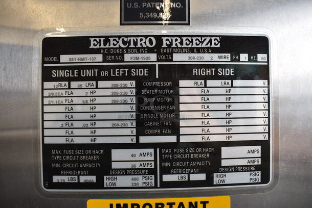 FANTASTIC! 2007 Electro Freeze Model 88T-RMT-137 Stainless Steel Commercial Floor Style Water Cooled 2 Flavor w/ Twist Soft Serve Ice Cream Machine on Commercial Casters. 208-230 Volts, 1 Phase. 24x33x68 - Image 8 of 11