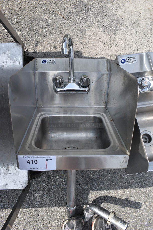 Stainless Steel Commercial Single Bay Wall Mount Sink w/ Faucet, Handles and Side Splash Guards. 12x16x34 - Image 1 of 4