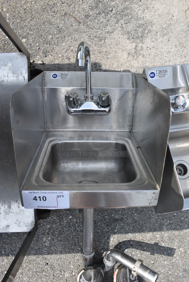 Stainless Steel Commercial Single Bay Wall Mount Sink w/ Faucet, Handles and Side Splash Guards. 12x16x34