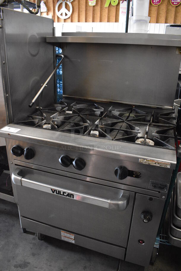 SWEET! LATE MODEL! Vulcan Stainless Steel Commercial Gas Powered 6 Burner Range w/ Lower Oven and Overshelf on Commercial Casters. 36x34x60 - Image 2 of 8