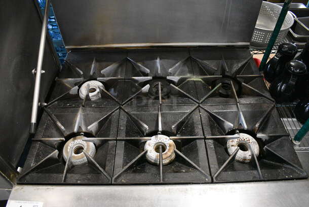 SWEET! LATE MODEL! Vulcan Stainless Steel Commercial Gas Powered 6 Burner Range w/ Lower Oven and Overshelf on Commercial Casters. 36x34x60 - Image 3 of 8