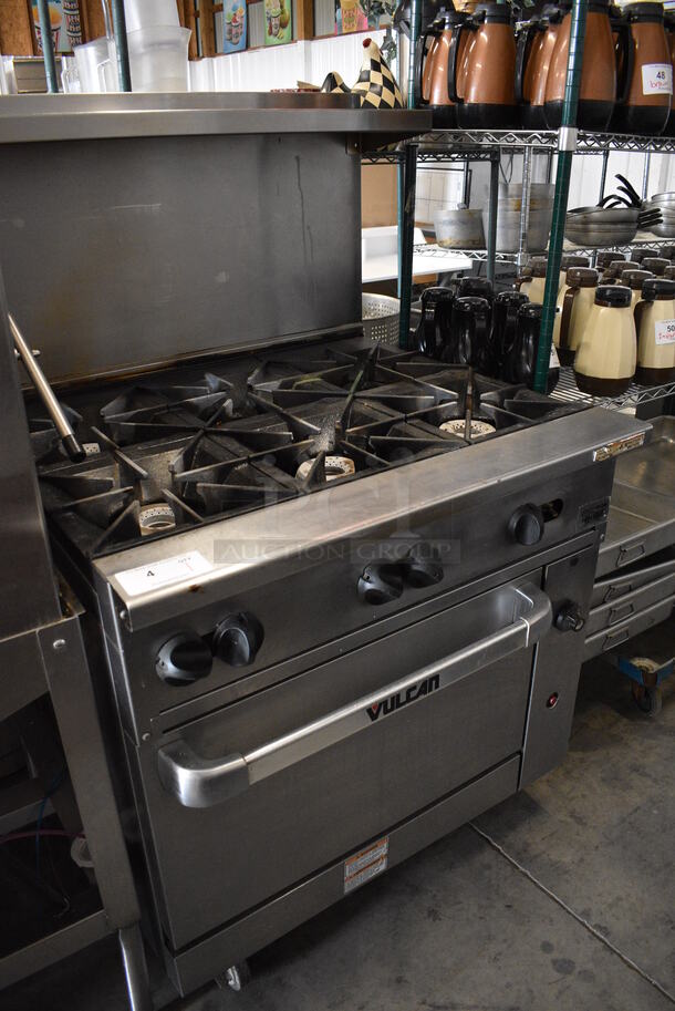 SWEET! LATE MODEL! Vulcan Stainless Steel Commercial Gas Powered 6 Burner Range w/ Lower Oven and Overshelf on Commercial Casters. 36x34x60 - Image 4 of 8
