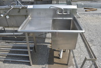 Stainless Steel Commercial Single Bay Sink w/ Left Side Drainboard, Faucet and Handles. 38x26x44. Bay 16x21x13. Drainboard 18x21x1