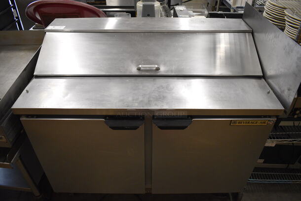 GREAT! Beverage Air Model SPE48-12 Stainless Steel Commercial Sandwich Salad Prep Table Bain Marie Mega Top w/ Right Side Splash Guard on Commercial Casters. 115 Volts, 1 Phase. 48x30x46. Tested and Working!