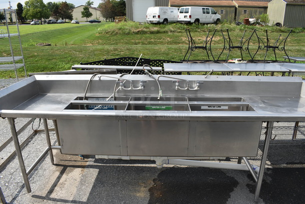 Stainless Steel Commercial 3 Bay Sink w/ Dual Drainboards, Faucets and Handles. 120x30x42. Bays 22x22x14. Drainboards 18x26x1, 32x26x1