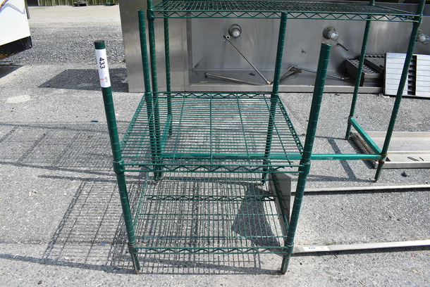 Green Finish 2 Tier Shelving Unit. 24x24x35. BUYER MUST DISMANTLE. PCI CANNOT  DISMANTLE FOR SHIPPING. PLEASE CONSIDER FREIGHT CHARGES.