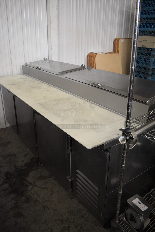 GREAT! Beverage Air Model DP93-005 Stainless Steel Commercial Pizza Prep Table w/ Lids and Cutting Board on Commercial Casters. 115 Volts, 1 Phase. 93x36x47. Tested and Working!