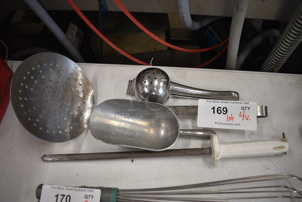 4 Various Metal Utensils; Juicer, Skimmer, Ice Scoop and Knife Sharpener. 4 Times Your Bid! - Image 1 of 3