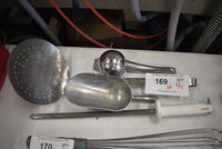 4 Various Metal Utensils; Juicer, Skimmer, Ice Scoop and Knife Sharpener. 4 Times Your Bid!