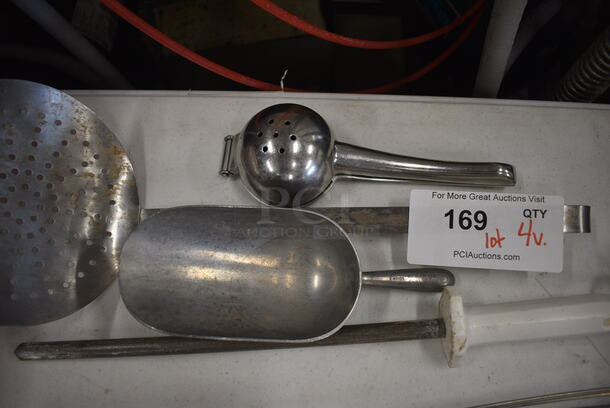 4 Various Metal Utensils; Juicer, Skimmer, Ice Scoop and Knife Sharpener. 4 Times Your Bid! - Image 2 of 3