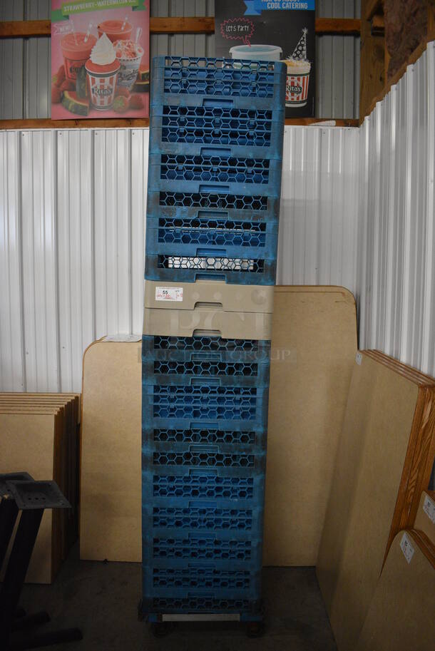 ALL ONE MONEY! Lot of 18 Various Dish Caddies and 1 Metal Dish Caddy Dolly on Commercial Casters! 21x21x7, 19.5x19.5x4