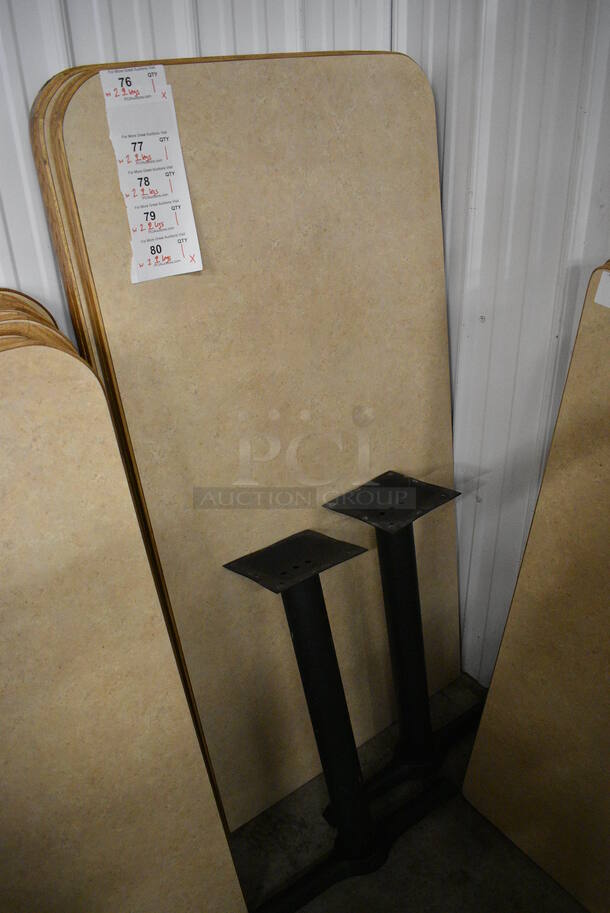 Tabletop w/ 1 Flat Edge and 2 Black Metal Straight Leg Table Bases. Stock Picture - Cosmetic Condition May Vary. 29.5x59.5x30