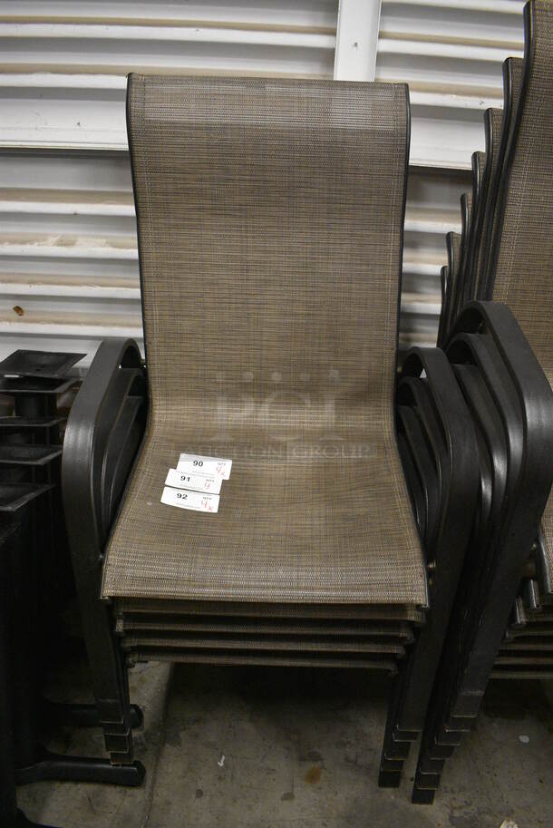 4 Brown Patio Chairs w/ Black Metal Arm Rests. Stock Picture - Cosmetic Condition May Vary. 25x28x41. 4 Times Your Bid!