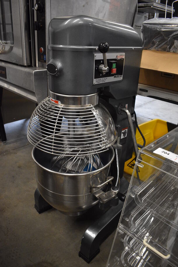 SWEET! Avantco Model MX30 Metal Commercial 30 Quart Planetary Mixer w/ Stainless Steel Mixing Bowl, Bowl Guard, Whisk, Paddle and Dough Hook. 120 Volts, 1 Phase. 20x24x42. Tested and Working!