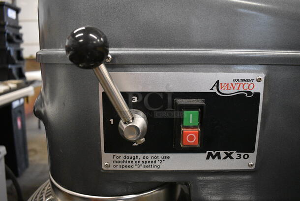 SWEET! Avantco Model MX30 Metal Commercial 30 Quart Planetary Mixer w/ Stainless Steel Mixing Bowl, Bowl Guard, Whisk, Paddle and Dough Hook. 120 Volts, 1 Phase. 20x24x42. Tested and Working! - Image 3 of 7