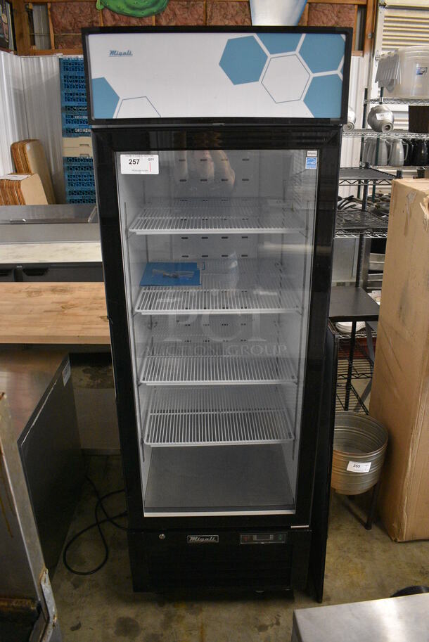 NICE! 2018 Migali Model C-23RM-HC Metal Commercial Single Door Reach In Cooler Merchandiser w/ Poly Coated Racks on Commercial Casters. 115 Volts, 1 Phase. 27x32x81. Tested and Working!