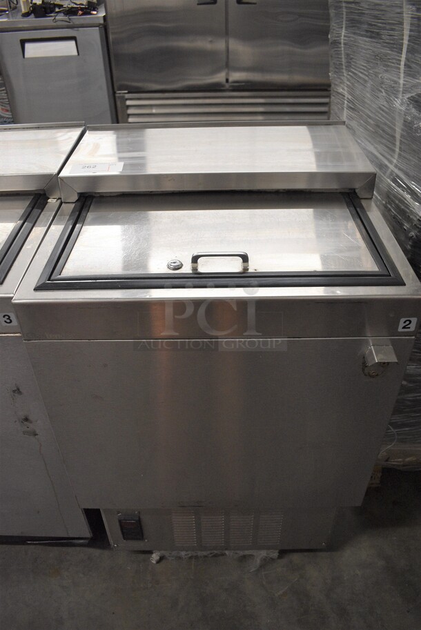 GREAT! Glastender Model MF24-S2 Stainless Steel Commercial Back Bar Cooler w/ 1 Sliding Lid on Commercial Casters. 120 Volts, 1 Phase. 24x24x36. Tested and Working!