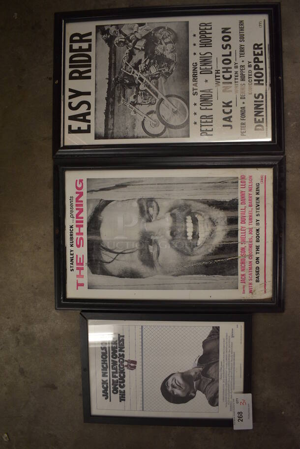 3 Framed Movie Signs Featuring Jack Nicholson; One Flew Over the Cuckoos Nest, The Shining and Easy Rider. 16x1x24, 12x1x18. 3 Times Your Bid!