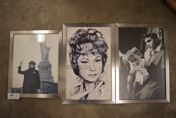 3 Framed Pictures; John Lennon, Agnes Moorehead and Elvis. 18x1x22, 17x1x26, 18x1x26. 3 Times Your Bid!