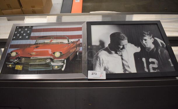 2 Framed Pictures; #12 Joe Namath w/ Coach Paul Bryant and Red Cadillac. 22x1x18. 2 Times Your Bid!