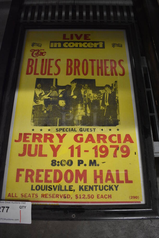Framed Sign for The Blues Brothers w/ Special Guest Jerry Garcia at Freedom Hall in Louisville, Kentucky. 16x1x24 - Image 1 of 4