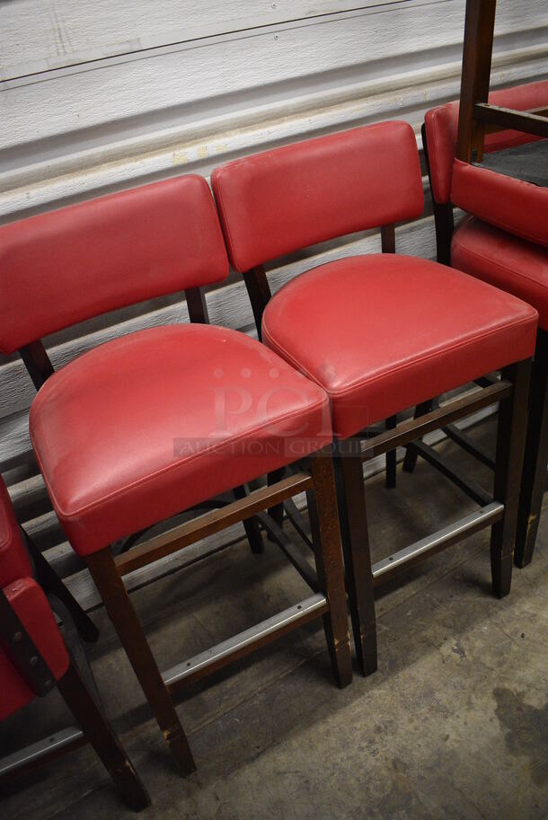 2 Wooden Bar Height Stools w/ Red Back Rest and Seat Cushion. Stock Picture - Cosmetic Condition May Vary. 17x17x41. 2 Times Your Bid! - Image 2 of 7