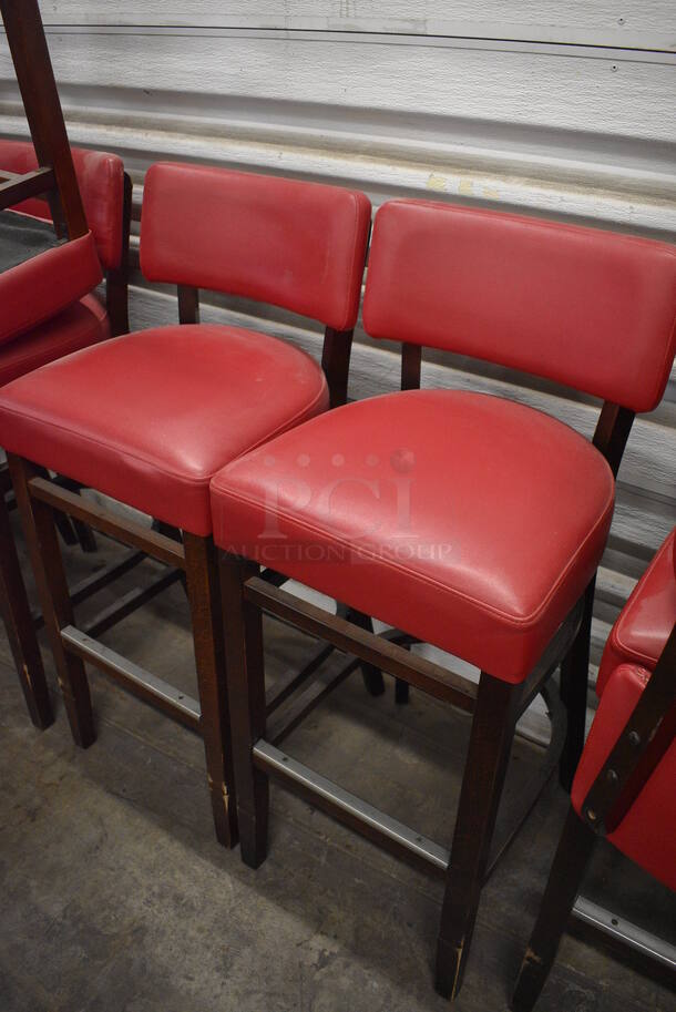 2 Wooden Bar Height Stools w/ Red Back Rest and Seat Cushion. Stock Picture - Cosmetic Condition May Vary. 17x17x41. 2 Times Your Bid! - Image 5 of 7