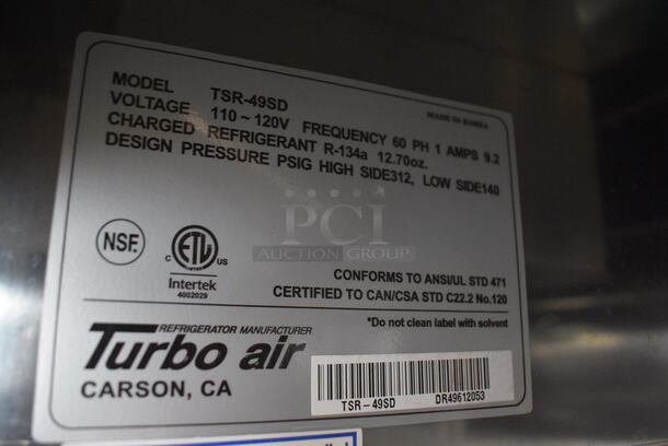 GREAT! 2012 Turbo Air Model TSR-49SD ENERGY STAR Stainless Steel Commercial 2 Door Reach In Cooler w/ Racks on Commercial Casters. 110-120 Volts, 1 Phase. 54x30x83. Tested and Working! - Image 5 of 7