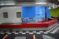 WOW! Red Counter w/ Soda Station, Sneeze Guard, 2 Cash Drawers and Prize Display Case. Soda Station: 108x39x36.5. Salad Bar: 145x36x67. Register Area: 132x32x39. Prize Counter: 135x24x39. BUYER MUST REMOVE