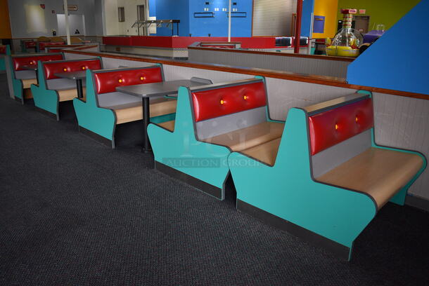 ALL ONE MONEY! Lot of 1 Single Sided Blue / Red Booth, 4 Double Sided Blue / Red Booths and 3 Gray Tables! Booths: 42x24x35.5, 42x45x35.5. Tables: 42x30x31, 42x28x31. BUYER MUST REMOVE