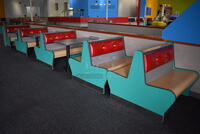 ALL ONE MONEY! Lot of 1 Single Sided Blue / Red Booth, 4 Double Sided Blue / Red Booths and 3 Gray Tables! Booths: 42x24x35.5, 42x45x35.5. Tables: 42x30x31, 42x28x31. BUYER MUST REMOVE