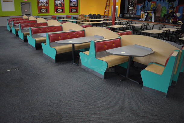 ALL ONE MONEY! Lot of 2 Single Sided Blue / Red Booths, 6 Double Sided Blue / Red Booths and 7 Gray Tables! Booths: 24x24x35.5, 42x45x35.5. Tables: 60x28x31, 60x30x31, 42x30x31. BUYER MUST REMOVE - Image 1 of 7